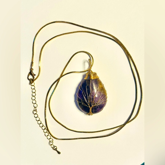 Amethyst & Gold-Tone Wire Wrapped Tree of Life Pendant on 20” Gold-Tone Chain - Picture 2 of 6